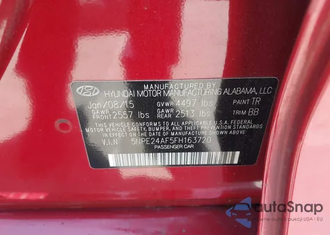 2015 Hyundai Sonata Se from USA, damaged, VIN 5NPE24AF5FH163720